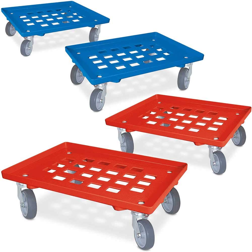 Lot de 4 roulettes de caisse avec couvercle grillagé, 2 x bleu, 2 x rouge, pour conteneurs 600 x 400 mm, capacité de charge 250 kg