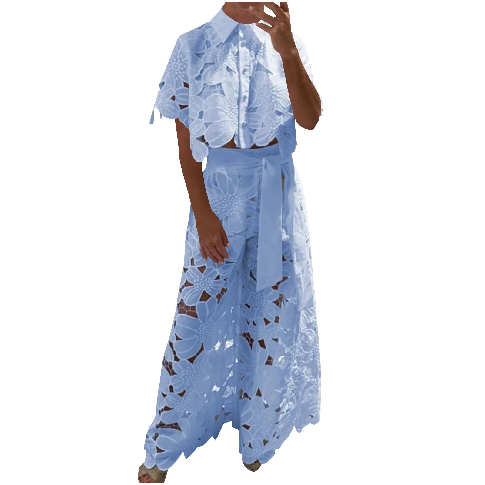 Women 2 Piece Outfits Hollow Out Floral Lace Sets Short Sleeve Button Lapel Crop Shirt and Palazzo Wide