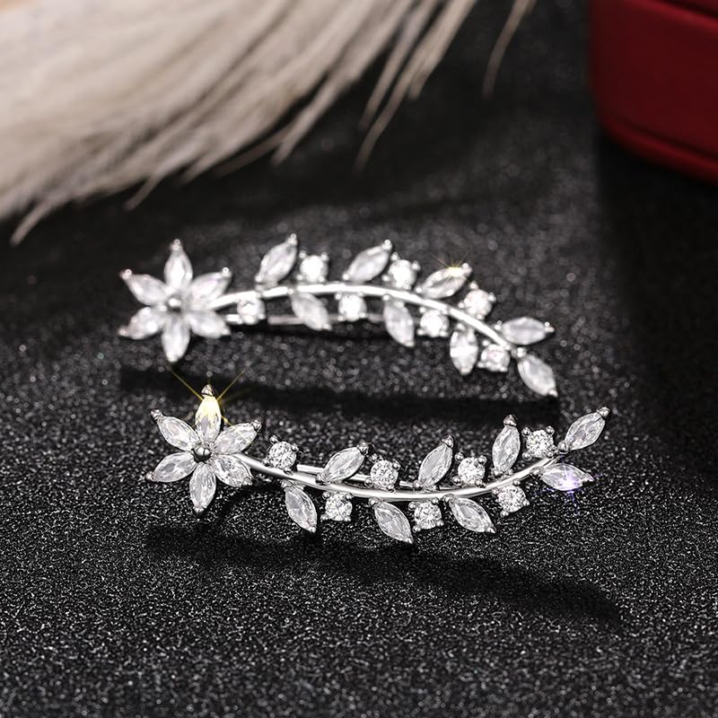 Sparkly 14K Gold Plated Cubic Zirconia Ear Crawler Earrings Crystal Leaf Ear Climber Earrings Faux Diamond Flower Fashion Simple Chic Stud Earrings in Rose Gold White Gold and Yellow Gold (silver)3