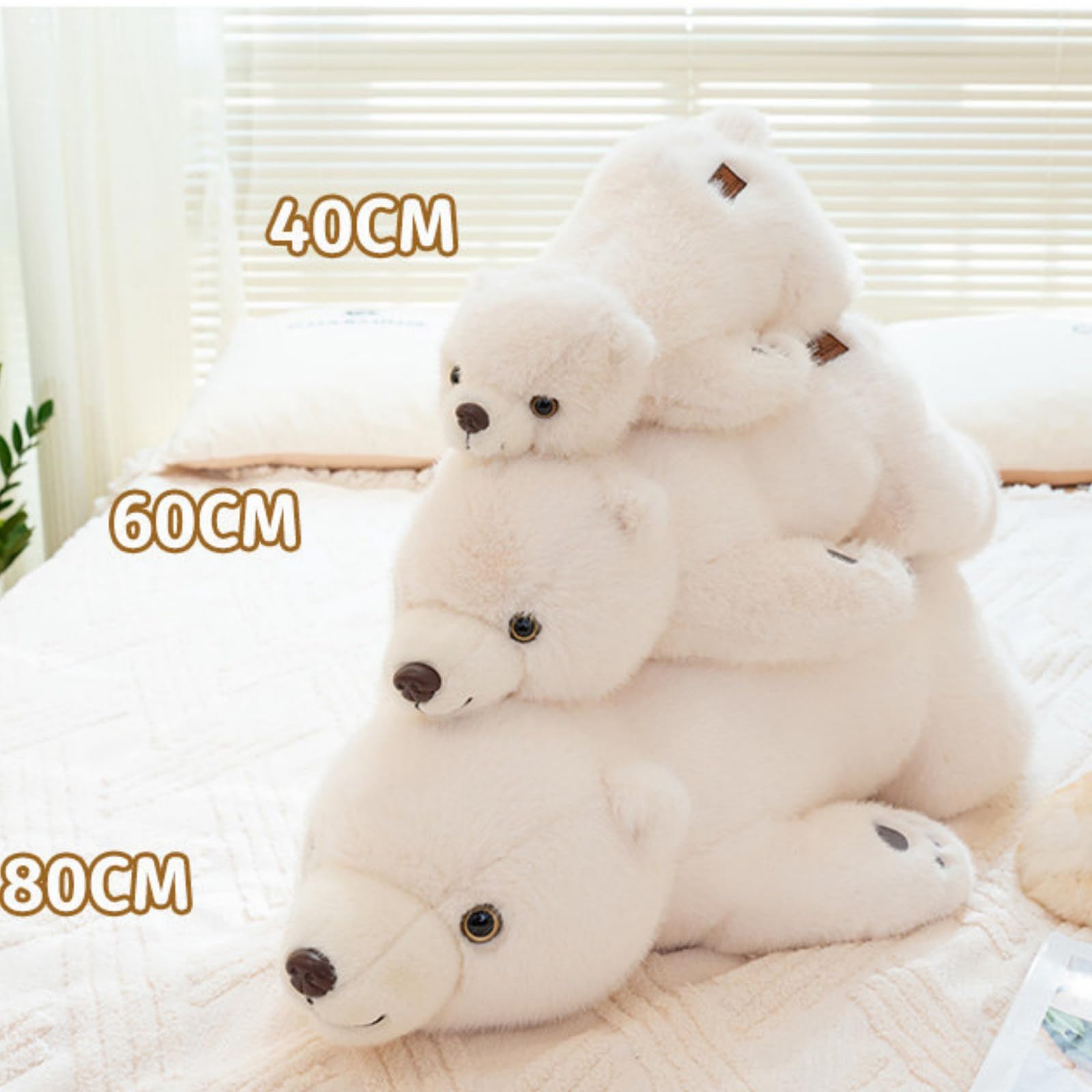 Liegender Eisbär Plüschtier, Weiß & Braun, 40/60/80cm, Weiches großes Kuscheltier Kissen für Kinder Erwachsene, Geschenk zum Geburtstag Weihnachten (80cm,bai)