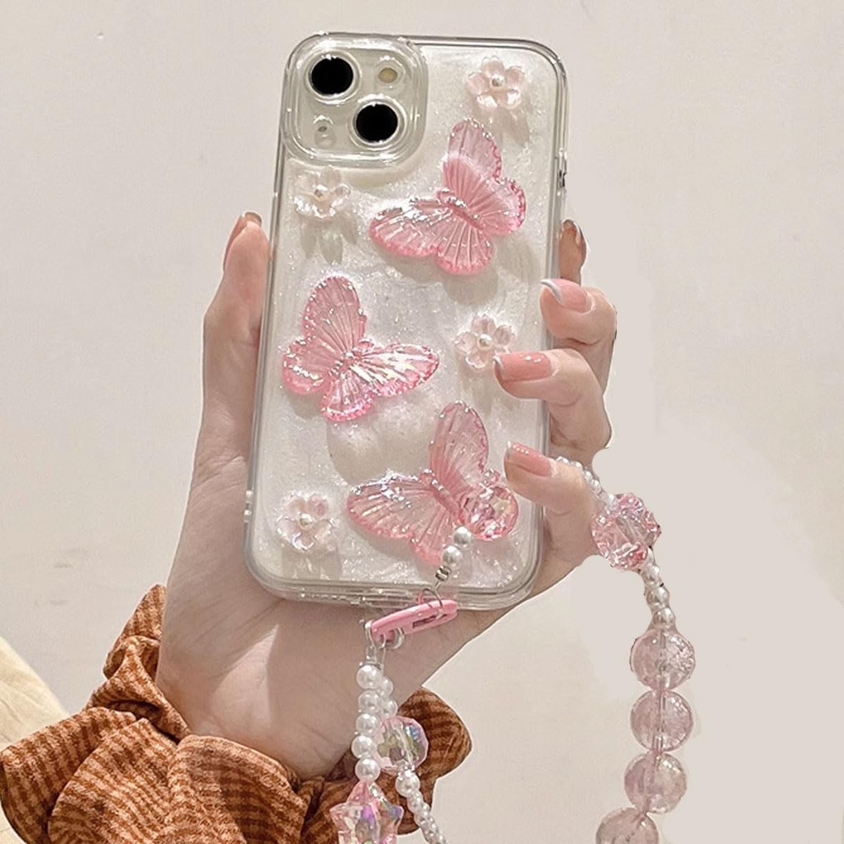 for iPhone 15 Plus Glitter Butterfly Case,Cute Girly 3D Flower Floral Crystal Pearl Bling Sparkle with Wrist Strap Chain Soft TPU Aesthetic Women Girls Protective Case for iPhone 15 Plus,Pink - Image 3