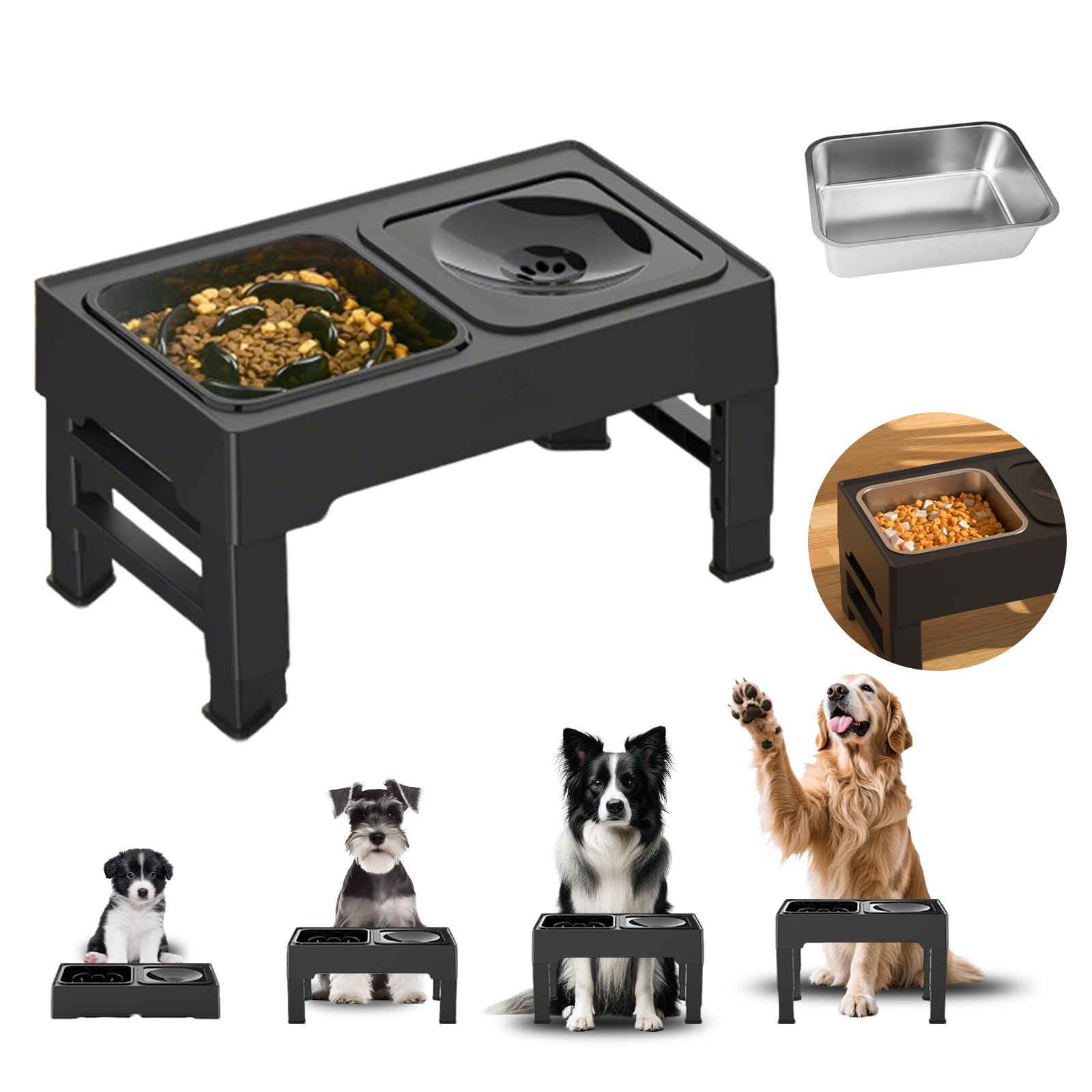 Cuenco Elevado para Perros con 4 Alturas Regulables, 1x1600ml Cuenco de Acero Inoxidable y Recipiente Anti Goteo, con 1x1600ml Recipiente Slow Feed para Perros Pequeños, Medianos y Grandes