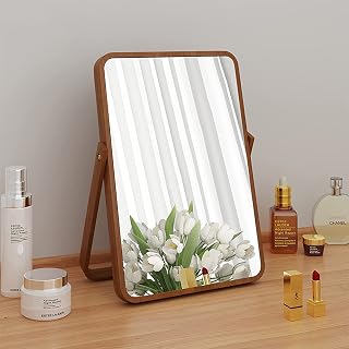 Makeup Mirror Pure Solid Wood Makeup Mirror Household Folding high-Definition Rectangular Makeup Mirror Retro Desktop with Bracket (Walnut Small)