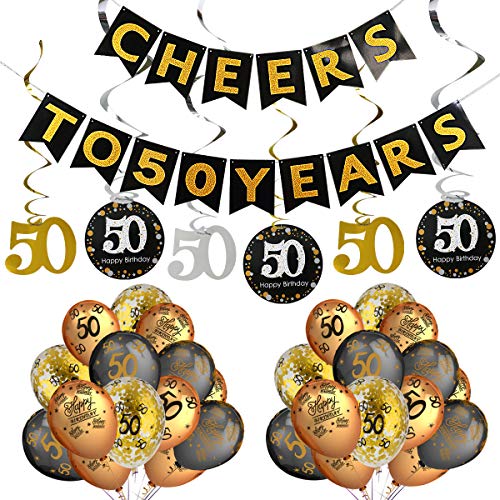 50th Birthday Party Decorations Kit- Cheers to 50 Years Banner,Sparkling Celebration 50 Hanging Swirls,Gold and Black Latex 50 Birthday Balloons,Perfect for 50 Years Old Party Decorations Supplies