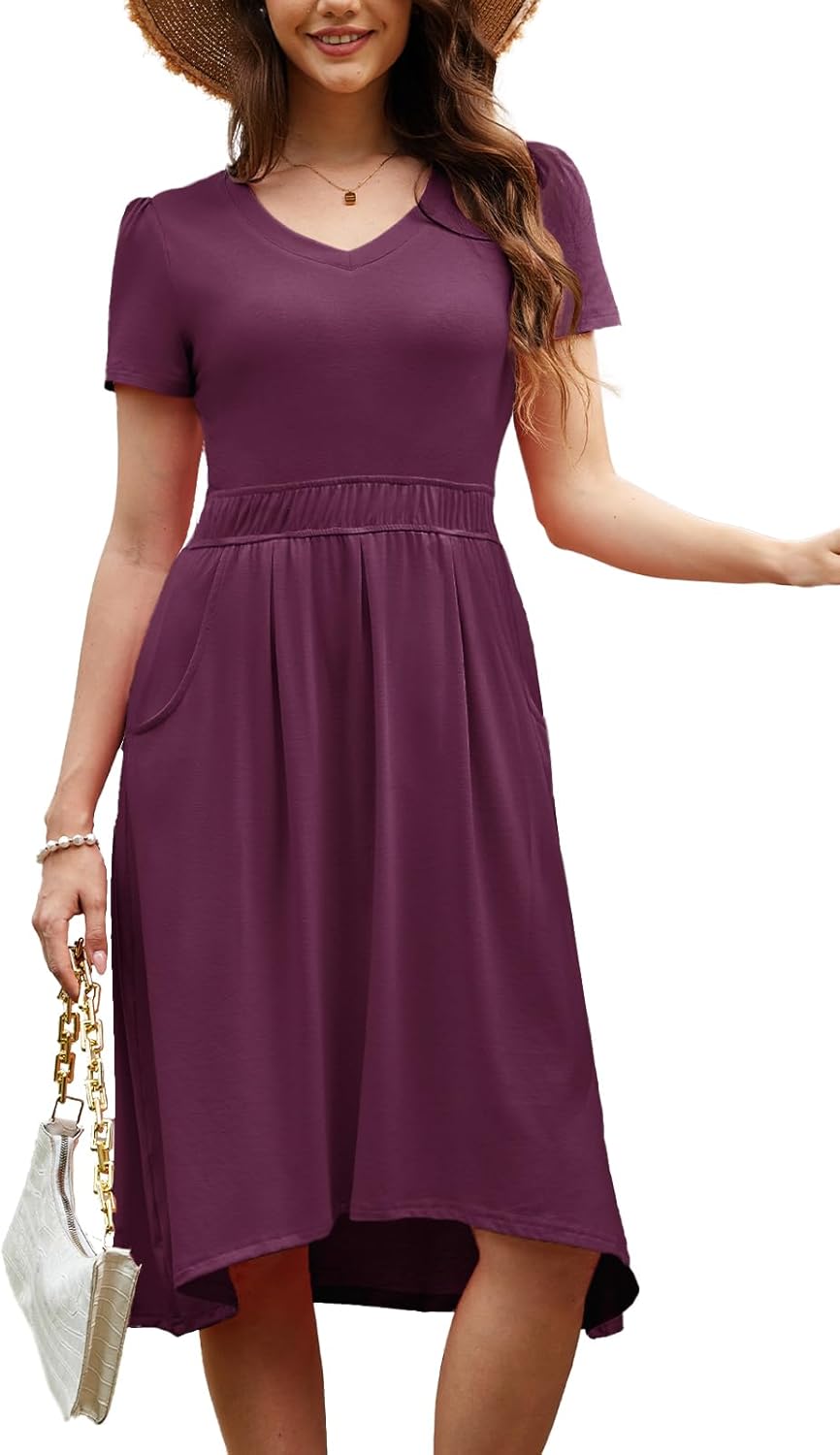 Alaster Queen Womens Summer 2025 V Neck Dresses Casual Midi T Shirt Waist Pleated Sundress with Pocket