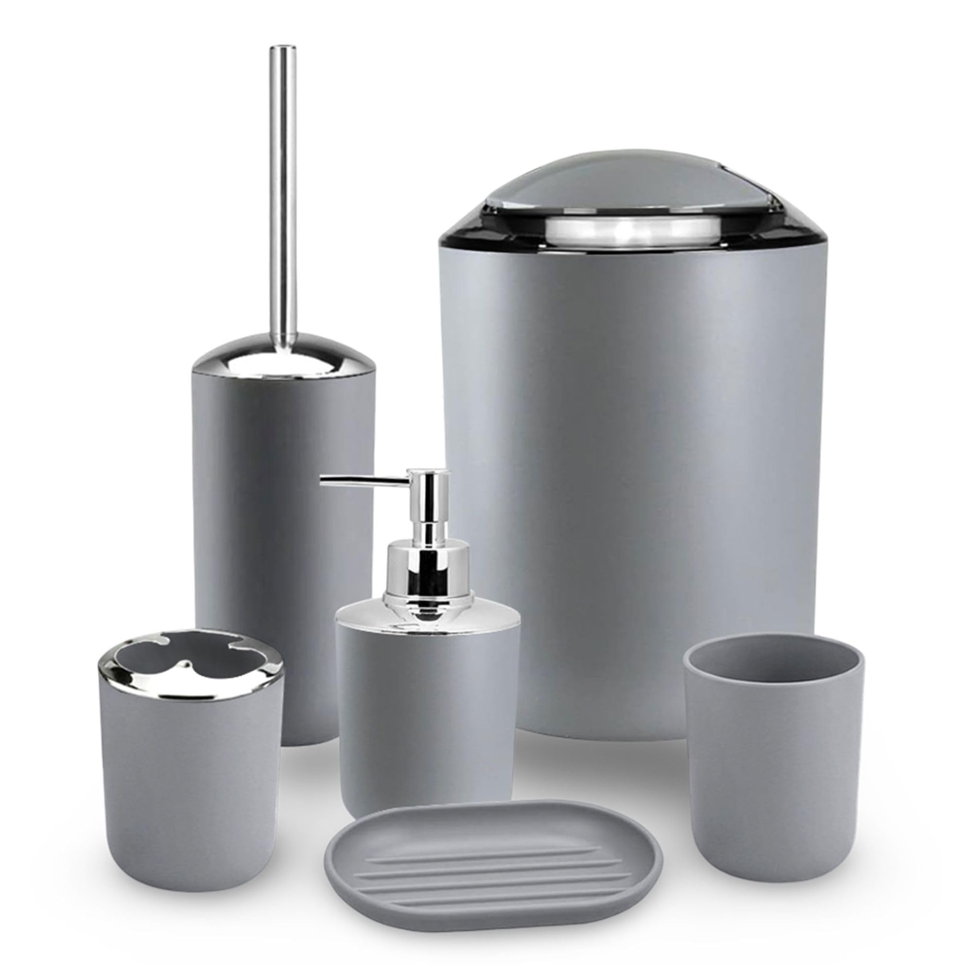 VELVETIO 6 Piece Bathroom Accessories Set, Soap Dispenser, Toothbrush Holder, Tumbler Cup, Soap Dish, Toilet Brush & Bin, Modern Plastic Bathroom Set, Silver