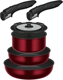 THERMOS 煎锅与锅套组,IH・煤气火对应,26cm/22cm煎锅,18cm锅・盖子,附带2个可拆卸手柄, 红色