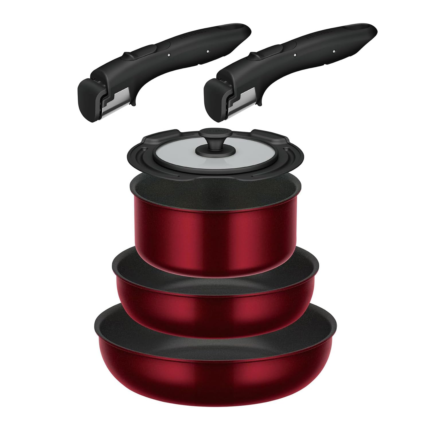 THERMOS 取っ手のとれるフライパン・鍋セット, IH・ガス火対応, 26cm/22cmフライパン, 18cm鍋・蓋, 着脱ハンドル2本付き, レッド