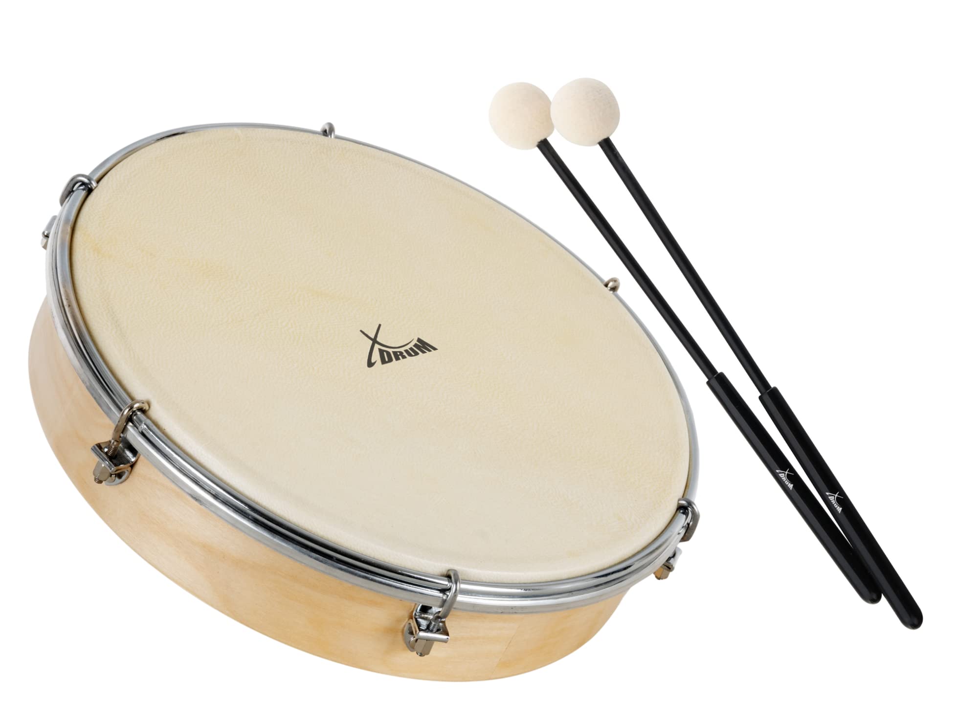 XDrum HTM-12S 12" Handtrommel mit Schlägel Set - Rahmentrommel mit Fell aus Polyester - Stimmbar mit 6 Spannhaken - Holzrahmen aus Ahorn - Ergonomischer Griff - Natur