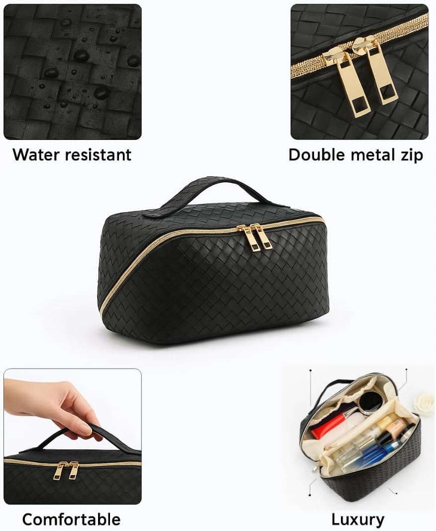 Luxury Large Capacity Woven Cosmetic Bag - Portable Makeup Bags for Women Waterproof PU Leather Checkered Makeup Organizer Bag with Dividers and Handle, Toiletry Bag for Cosmetics, Large - Image 3