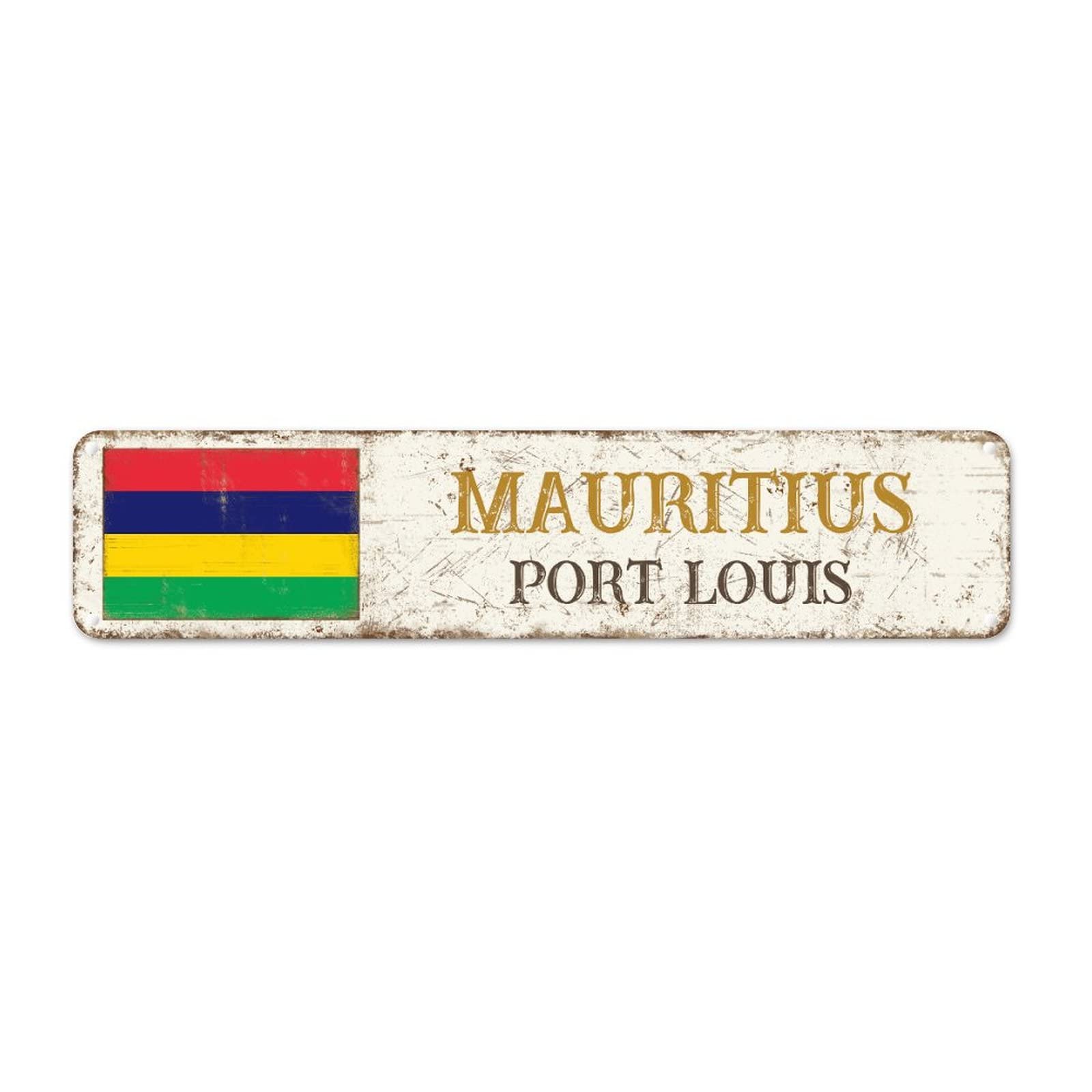 Mauritius Flag Wall Decor Metal Sign Capital City Port Louis Retro Vintage Art Wall Plaque Country Souvenir National Flag City Souvenir Metal Sign Quality Metal Sign for Laundry Room 18x4in