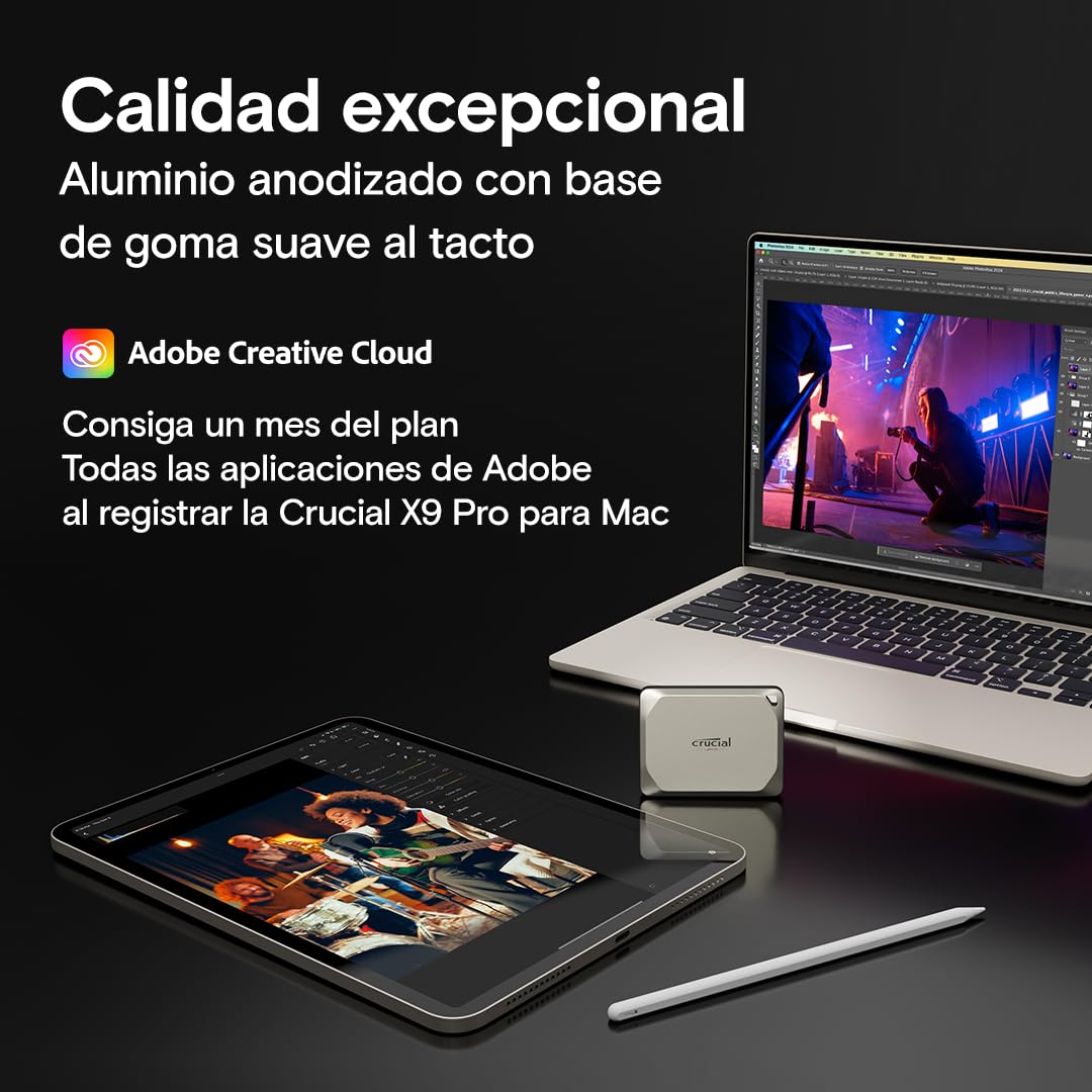 Crucial X9 Pro 4TB para Mac SSD Portátil, Velocidades de Lectura/Escritura de hasta 1050MB/s, Resistente al Agua (IP55), Disco Duro Sólido Externo, USB-C 3.2 - CT4000X9PROMACSSD9B02