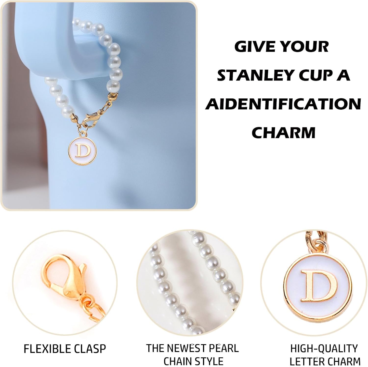 Letter Charm for Stanley Cup，Pearl Chain Accessories Stanley Cup Initial Charms for Handle Stuff Decor Water Bottle Jewelry Tumbler Cute Simple Modern Personalized Name ID Decorations (D) image 3