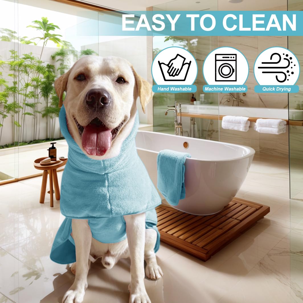 Peignoir pour chien de taille moyenne à grande, séchage rapide, super absorbant, serviettes chaudes, capuche et ceintures réglables pour produits de bain pour chiens (bleu, L)