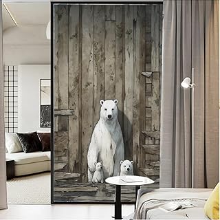 Polar Bear Family Stained Glass Window Film Wood Wall Hand-Painted Animation Country Vintage Privacy Window Film Glass Door Covering Non-Adhesive Window Stickers for Bathroom Kitchen 31.5Wx47.2L