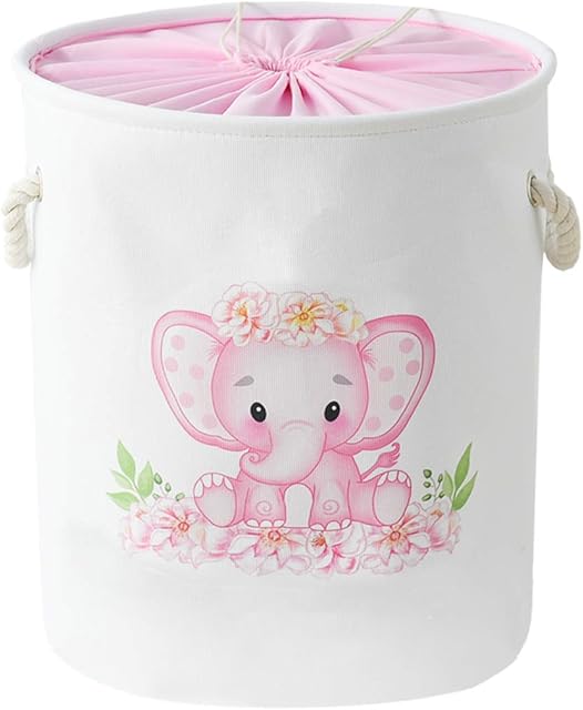 INough Laundry Baskets Kids Laundry Hamper, Pink Baby Hamper Elephant Basket Large Collapsible Kids Hamper with Handles Waterproof Round Linen Storage Basket for Toddler/ Girls (Pink Elephant)
