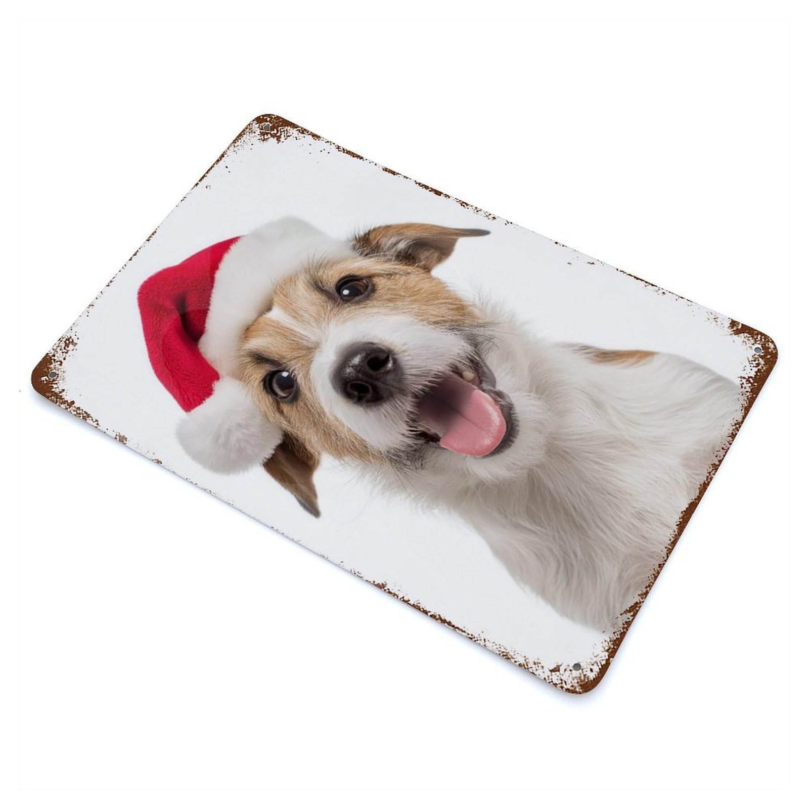 Garage Style Russell Terrier Dog with Santa Hat Rustic Tin Plaque 11.8"x7.9", Classic Wall Plaque for Bar And Workshop