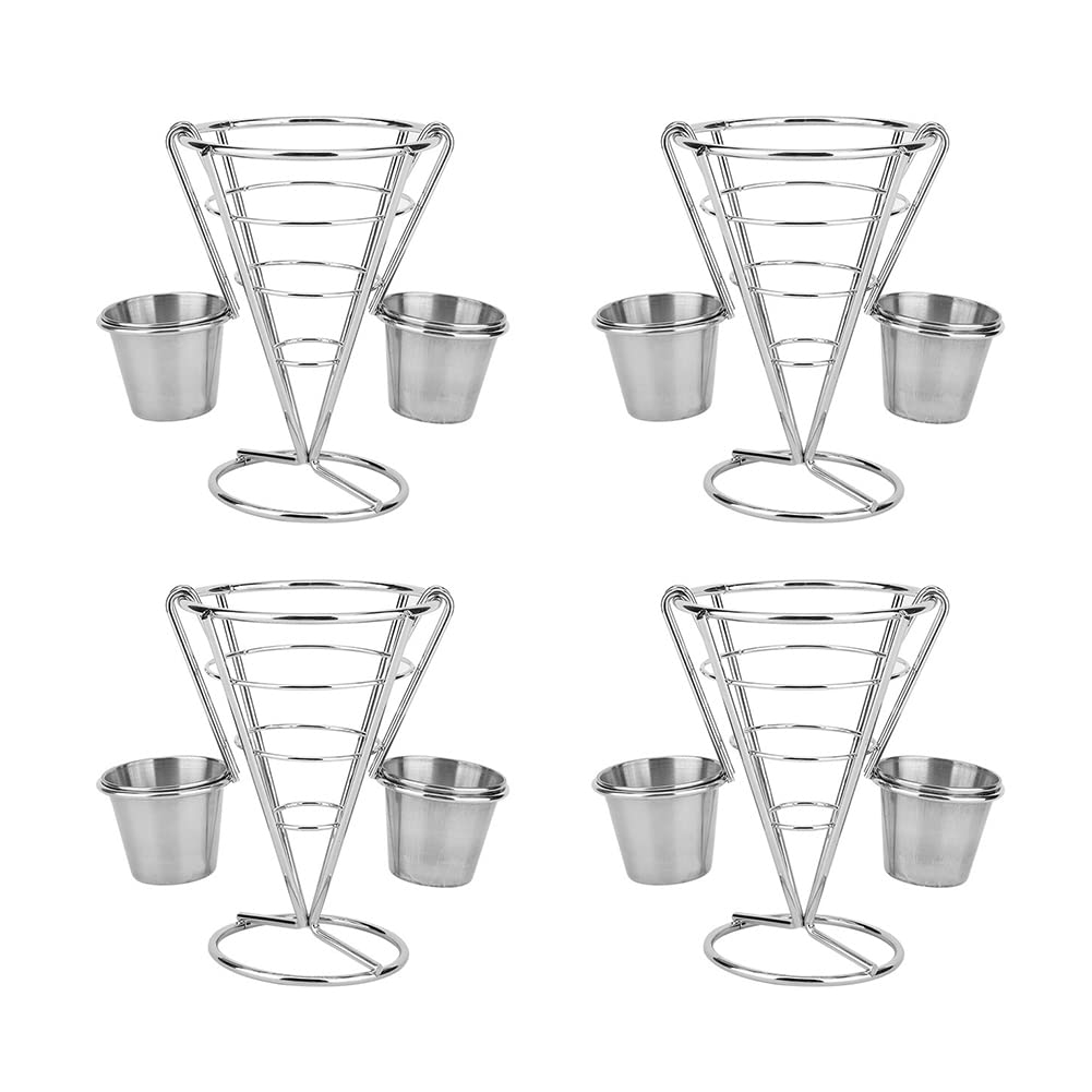Jenngaoo 4er Set Pommeshalter aus Metall mit Je 2 Saucenschalen, Kegelförmiger Frites-Ständer, Pommestüten Halter für Snacks, Buffet, Restaurant (Silber)