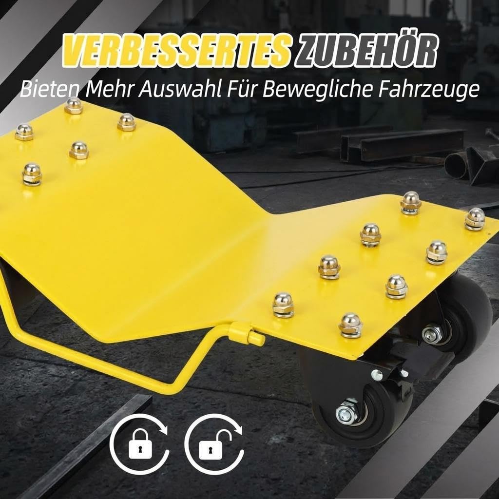 Auto Rangierhilfen Set 4tlg – Fahrzeug-Dolly Bis 3628 kg Tragkraft, 360° Drehbare Rollen, Mit Sicherheitsverriegelung, Rangierroller Für PKW, Motorrad, LKW & Boot, Werkstatt Garage, Gelb