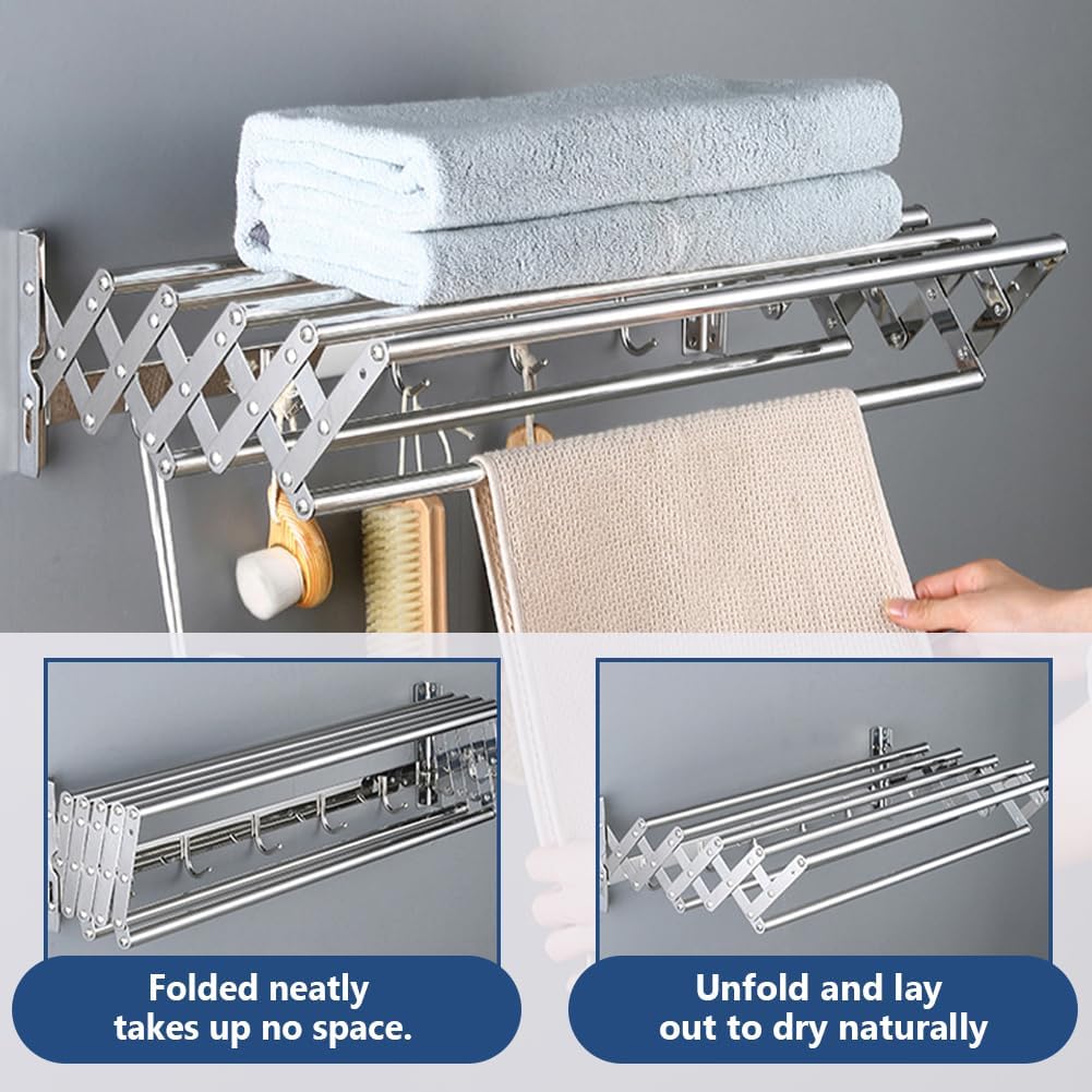 Wall Mounted Clothes Drying Rack 7 Rods 5 Hooks Retractable Collapsible Clothing Hanger Rustproof Laundry Hanger Space-Saving for Bathroom/Tower