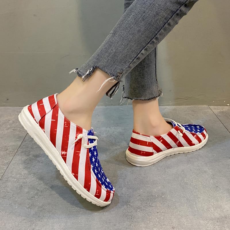 Women's Lace Up Loafers canvas shoes for women 4th of July Flag Print Fashion Sneaker Flat Casual Canvas Shoes4