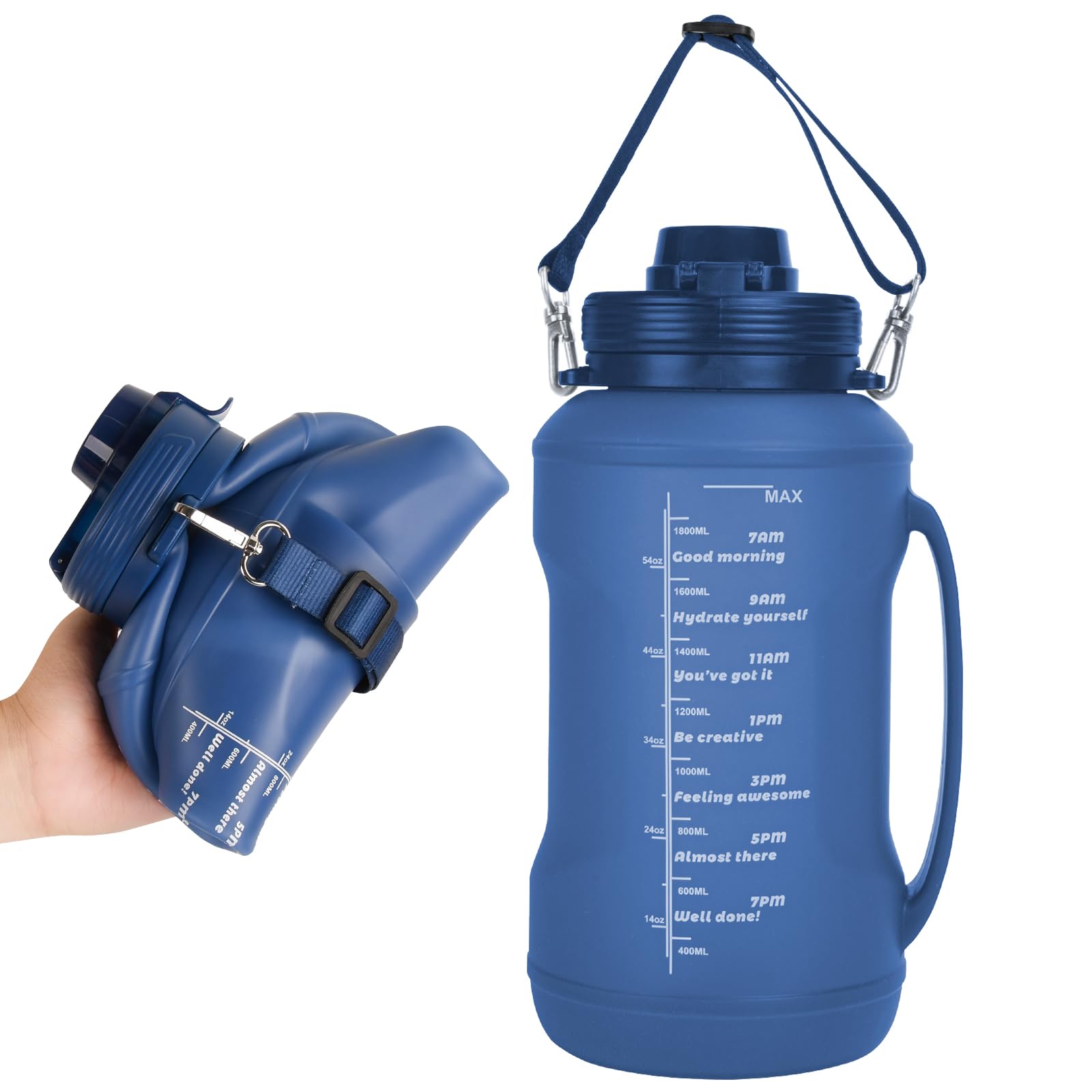 JRing Water Bottle 2L Sports Water Bottle, Time Maker Collapsible Sport Bottle with Straw and Handle for Gym Travel Hiking Camping Outdoor Cycling - Blue