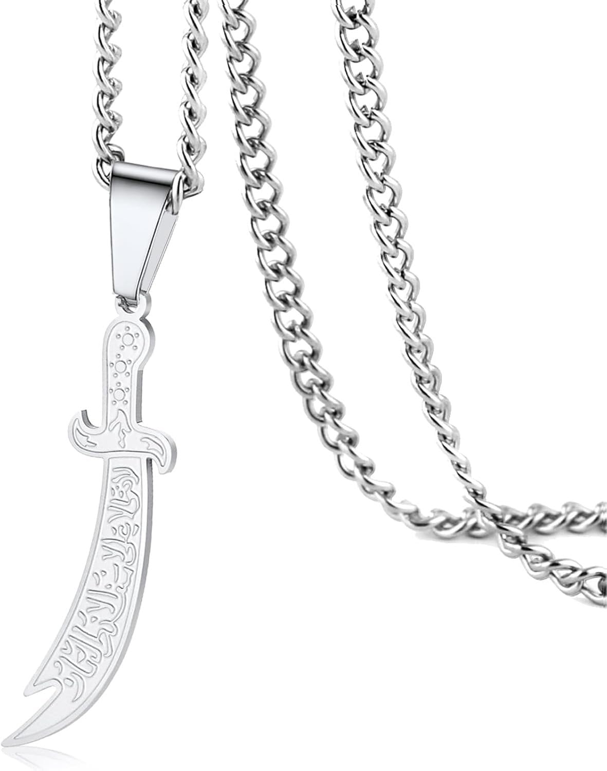 GIOFEOIK Sword Pendant Necklace for Men Women Zulfiqar Pendant Dagger Necklace Arabic Rune Islamic Muslim Jewelry Talisman Amulet Baraka Religious Gift, Steel