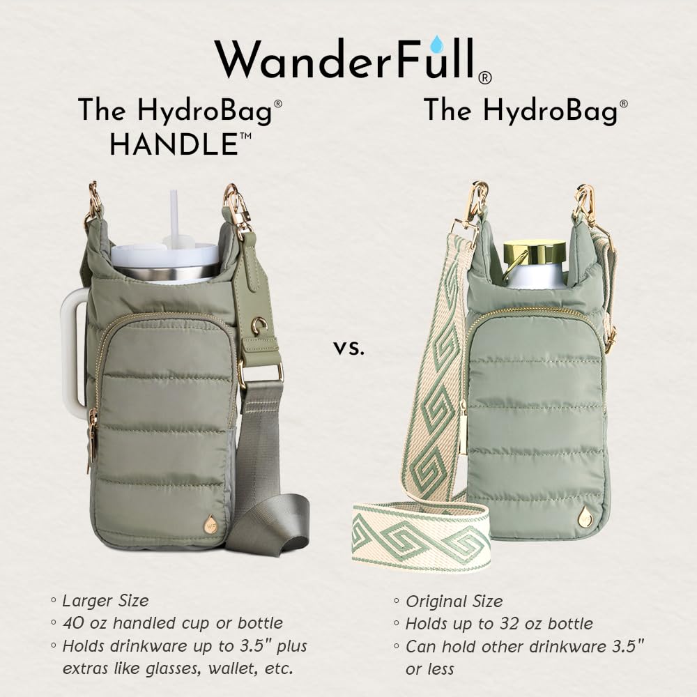 WanderFull HydroBag, maniglia con cerniera per manico, porta bottiglia d'acqua da 1,18 l, con tracolla, borsa a tracolla con tasca per telefono, accessori per bicchieri, verde salvia con cinturino in