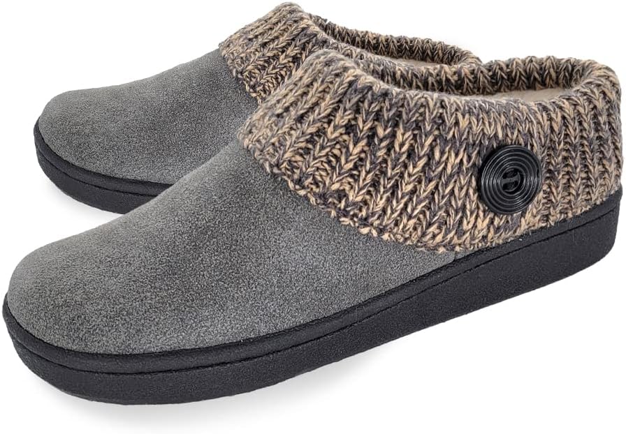 Clarks Womens Suede Leather Comfort Clog Knitted Collar Slipper - Plush Faux Fur Trim - Indoor Outdoor House Slippers For Women (Grey/Beige 6M)