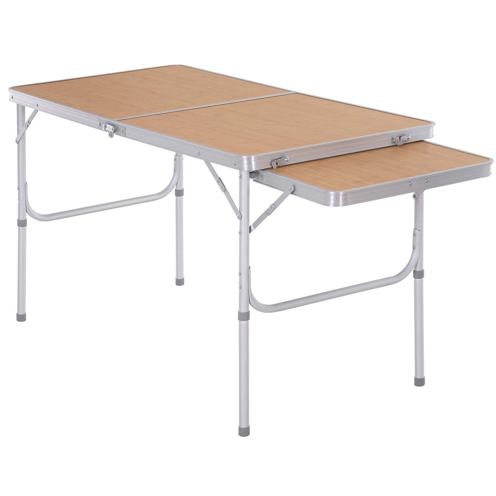 Outsunny Mesa Plegable de Camping Portátil con ala Abatible Mesa de Picnic de Encimera MDF Estructura Ligera de Aluminio Carga 30kg Altura Ajustable 153x60x39/71 cm