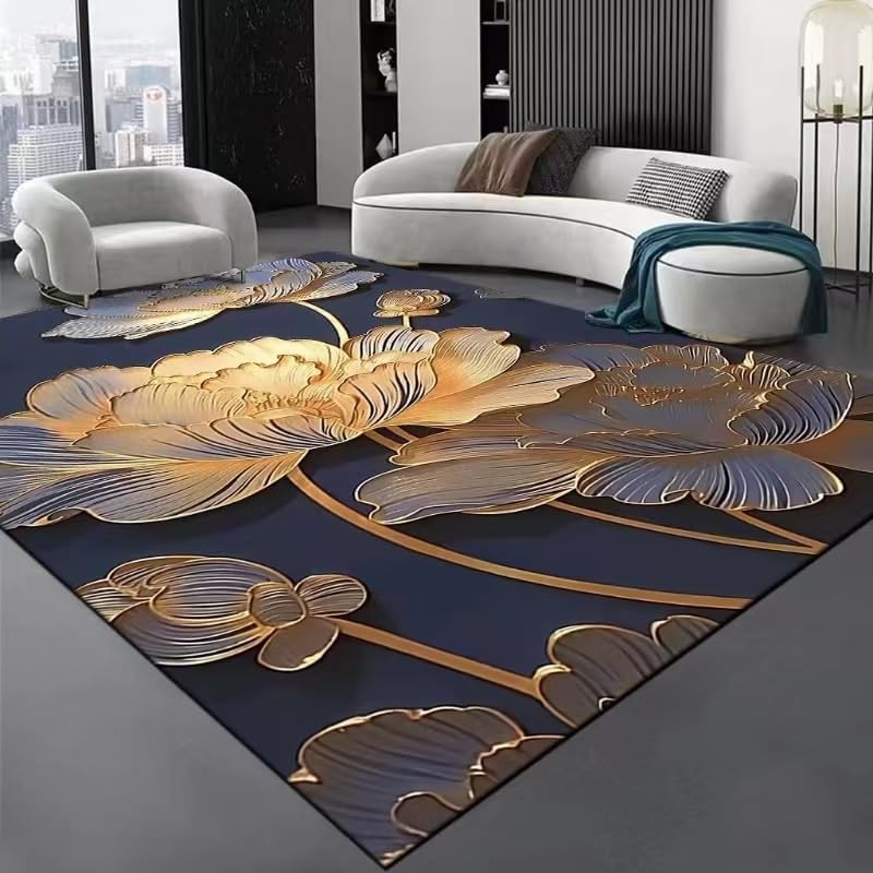 Golden Flower Rug, 6x8ft, 3D Lotus Rug,Oriental Elements New Chinese Style Carpet,Gold Rugs for Living Room, for Bedroom, Living Room, Apartment, Dining Room, Office, Hotel Lobby Decor Mat? 6x8ft Pattern 7