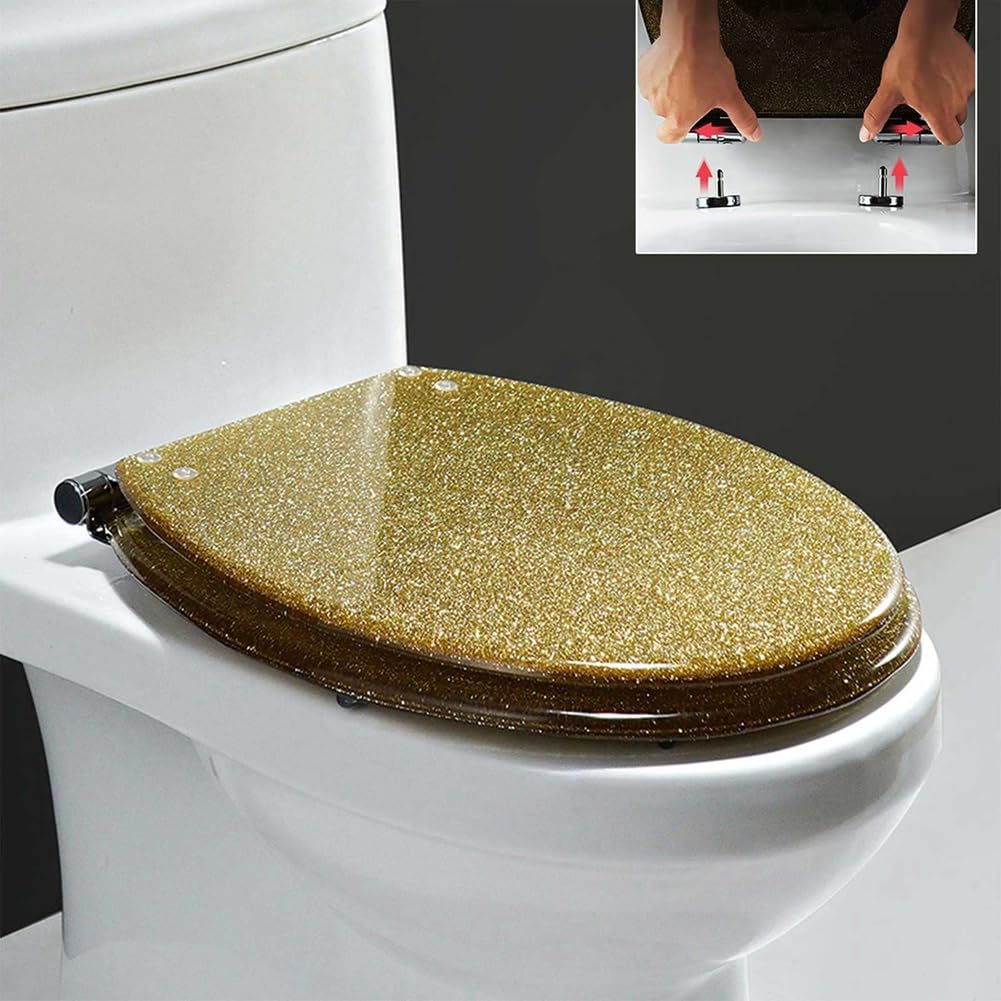 Gold Glitter Spark seat, Close Slow Close Close Hinges for Quick Release lid, Adjustable, Lightweight, Durable, Portable, User-Friendly, Compact, Elongated, Sparkly, Resin, Toilet, Quiet
