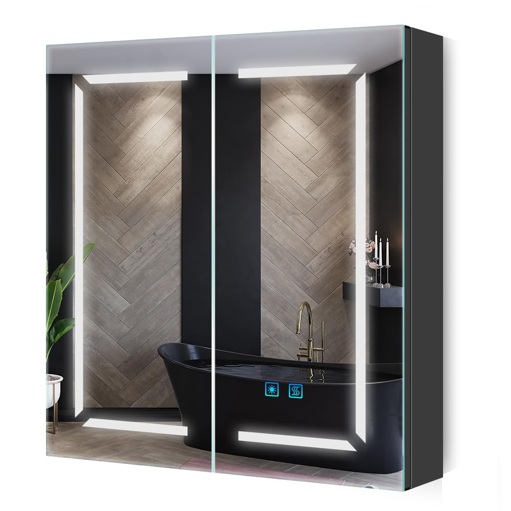 Quavikey® czarna szafka łazienkowa podświetlana LED 60x70cm naścienna, z 2 przyciemnianymi lustrzanymi drzwiami, przeciwmgielną, gniazdkiem na golarkę