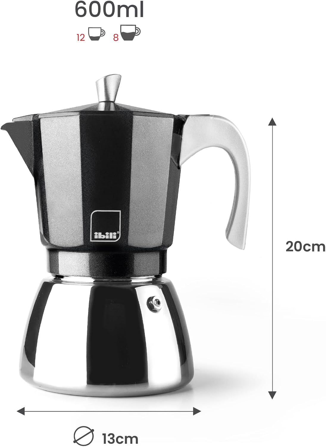 IBILI - Elba Black espresso machine, 12 cups, 600 ml, cast aluminium, stainless steel base, suitable for induction