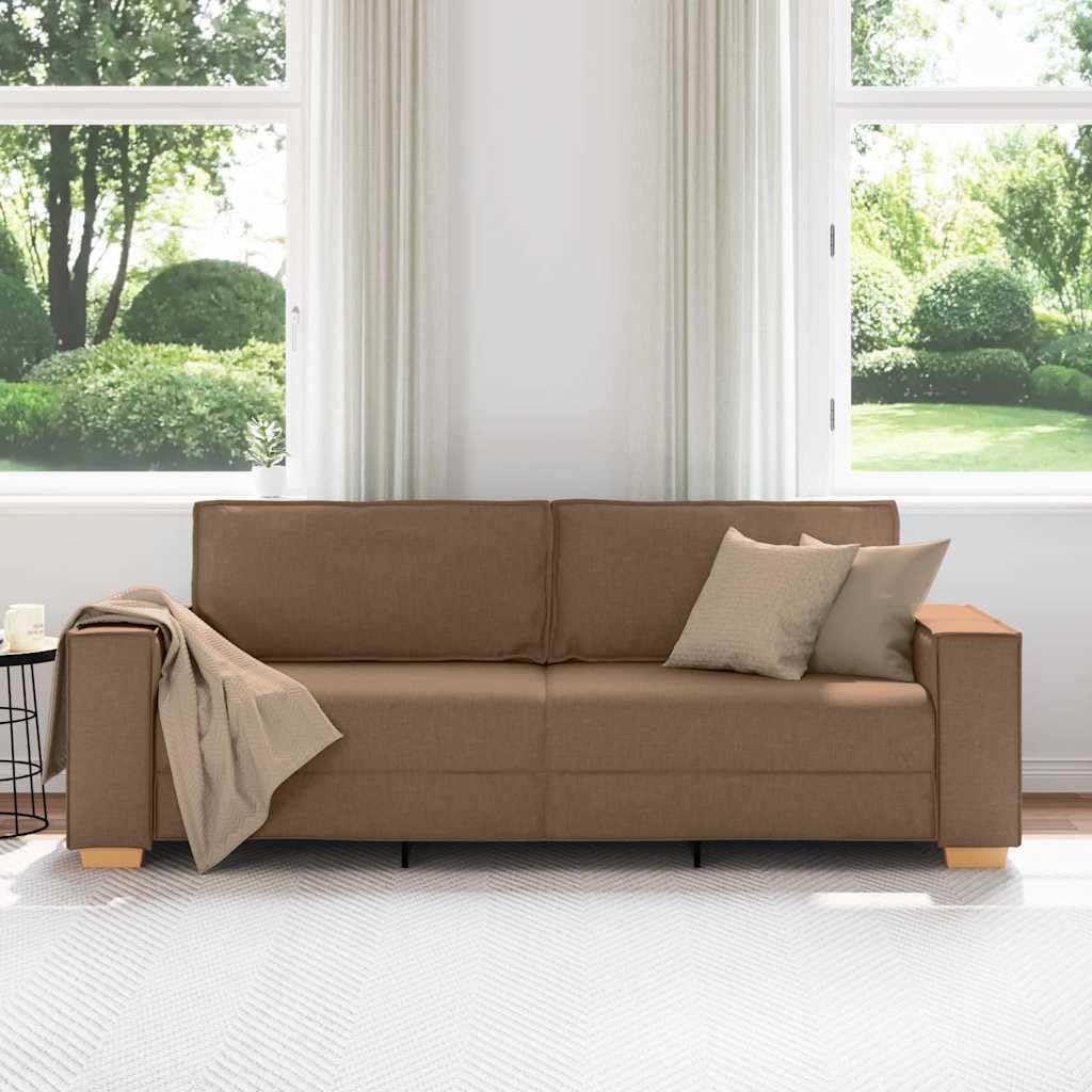 Sofa 3-osobowa, brązowa, 180 cm, tapicerka materiałowa, wytrzymała konstrukcja drewniano-metalowa do salonu, przytulna kanapa z szerokimi podłokietnikami