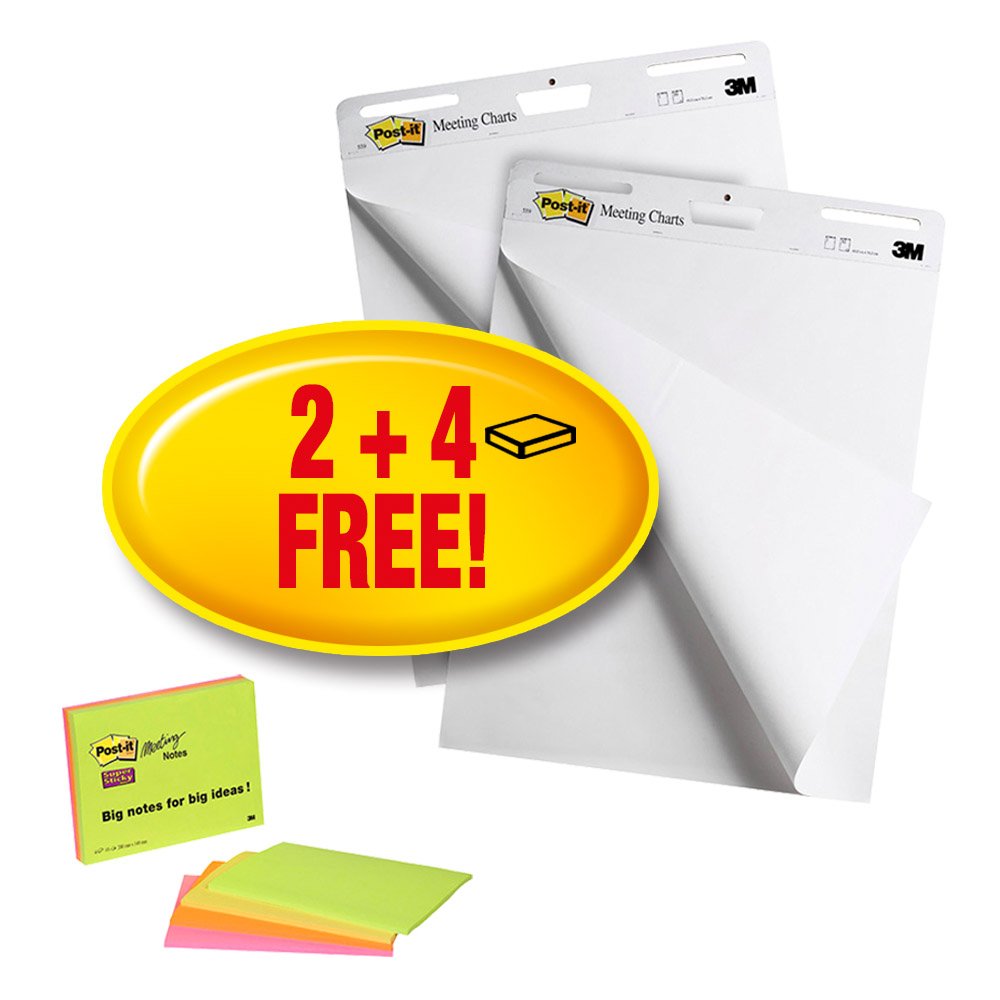 Post-it Meeting Chart, Blanc, 63.5 cm x 76.2 cm, Pack Promotionnel + Post-it Notes Super Sticky, Couleurs Néon Assorties, 2 Blocs + 4 Gratuits/Paquet