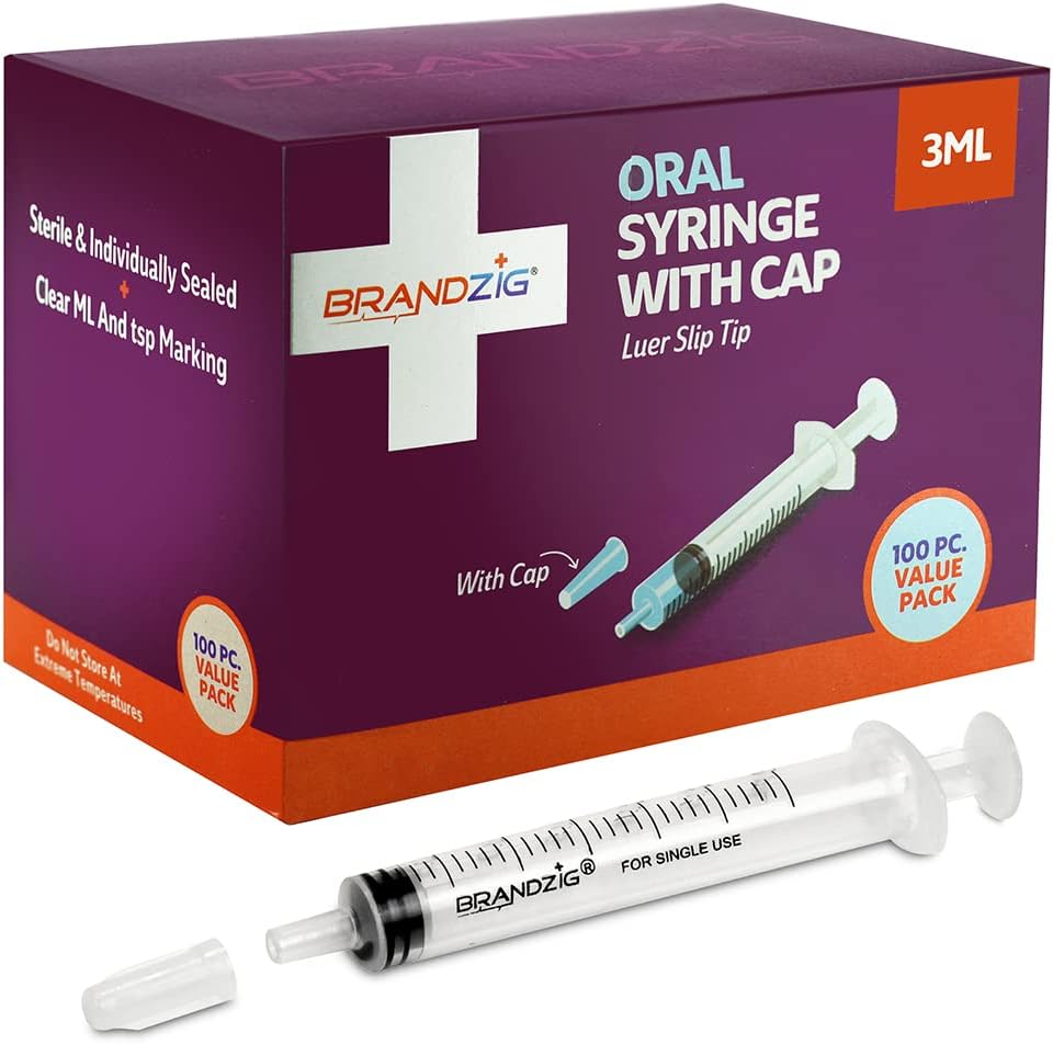3ml Syringe With Cap (100 Pack) | Oral Dispenser Without Needle, Luer Slip Tip | Individually Wrapped Medicine Dropper For Infants & Pets