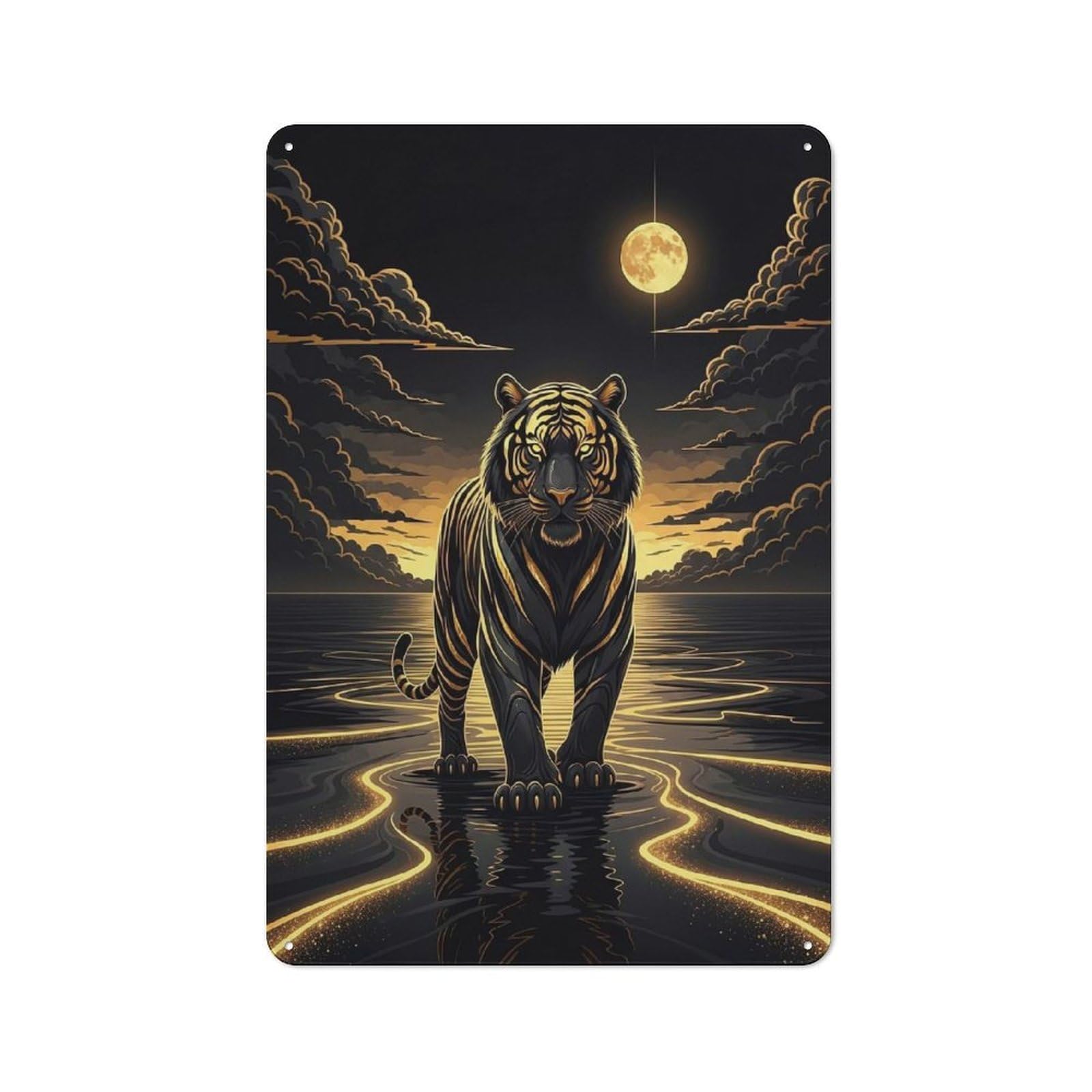 Junmoney Style-6 Workshop Style Golden Tiger In Moonlit Water Tin Sign 30X20cm, Workshop Wall Decor For Tool Room, Garage, Studio Or Home Bar