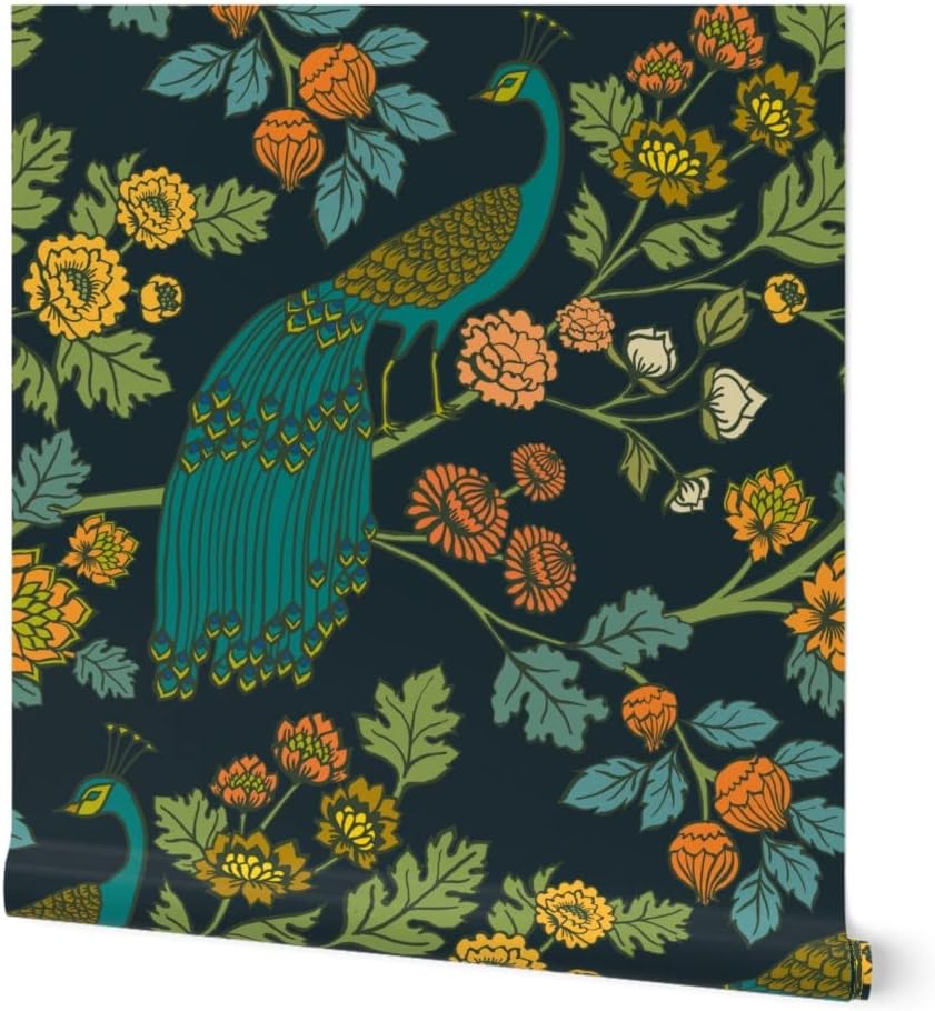 Spoonflower Removable Wallpaper 3ft x 2ft - Garden Midnight Art Nouveau Peacocks Exotic Chinoiserie Custom Pre-Pasted Wallpaper