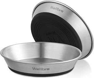 Wellbro Stainless Steel Cat Bowls, 2 Pack Whisker Fatigue Relief Shallow Non-Slip Dishes for Cats Small Dogs - 12oz Food Water Bowls