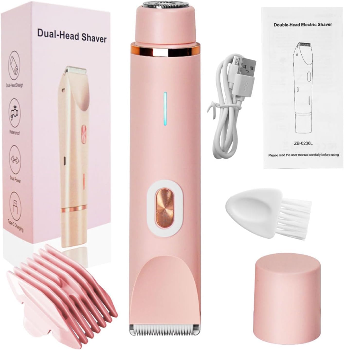 Klyne - Rasoio elettrico 2 in 1 da donna per pelli sensibili, bikini Clipper e ricarica USB, impermeabile IPX7, per bikini, gambe, ascelle e naso (rosa)