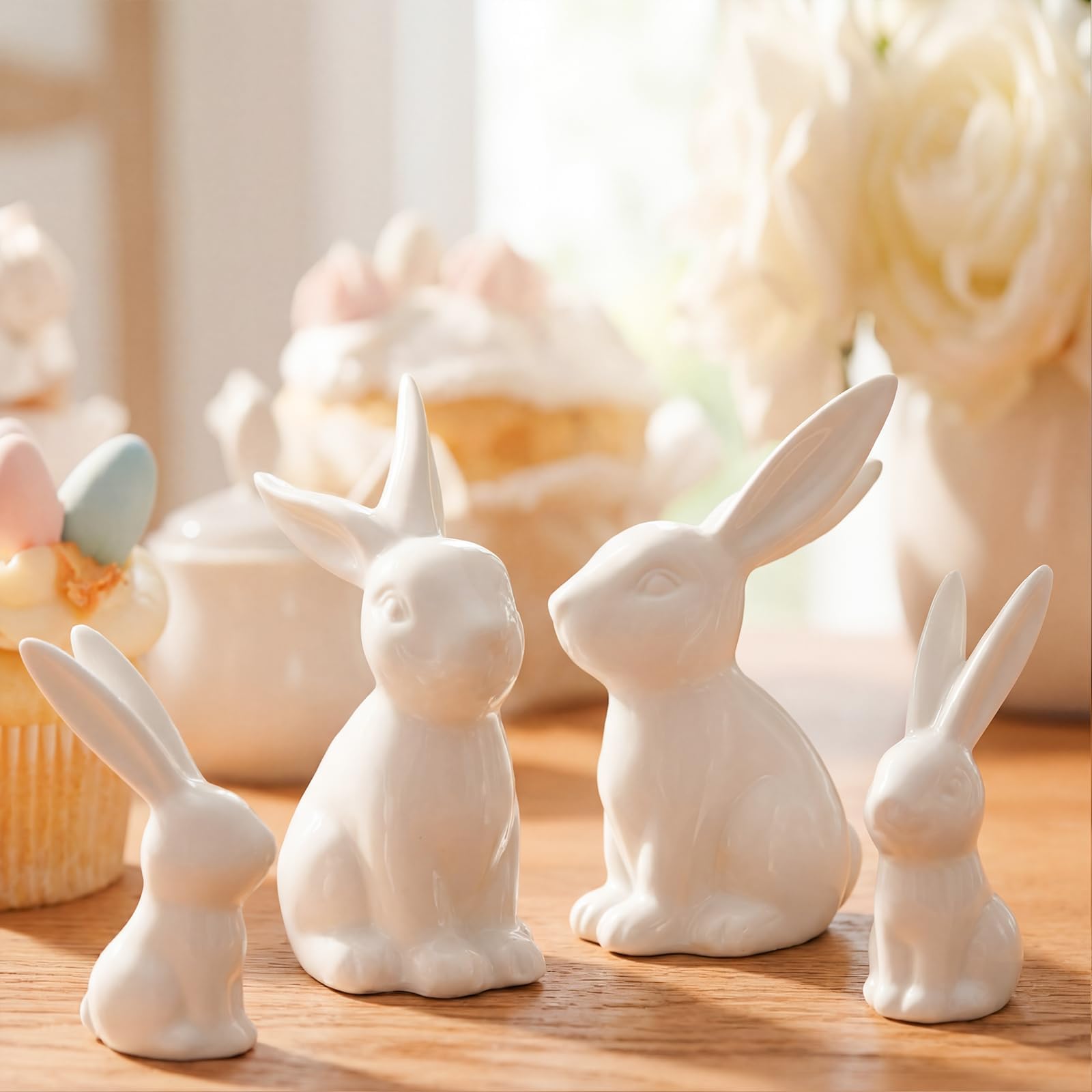 Wesiti 4 Pcs Easter Decorations White Bunny Figurines Set 4.5'' and 3'' Ceramic Easter Rabbit Statue Modern Bunny Figurine Gifts for Family Home Office Table Decor Spring Party Supplies (L, S)