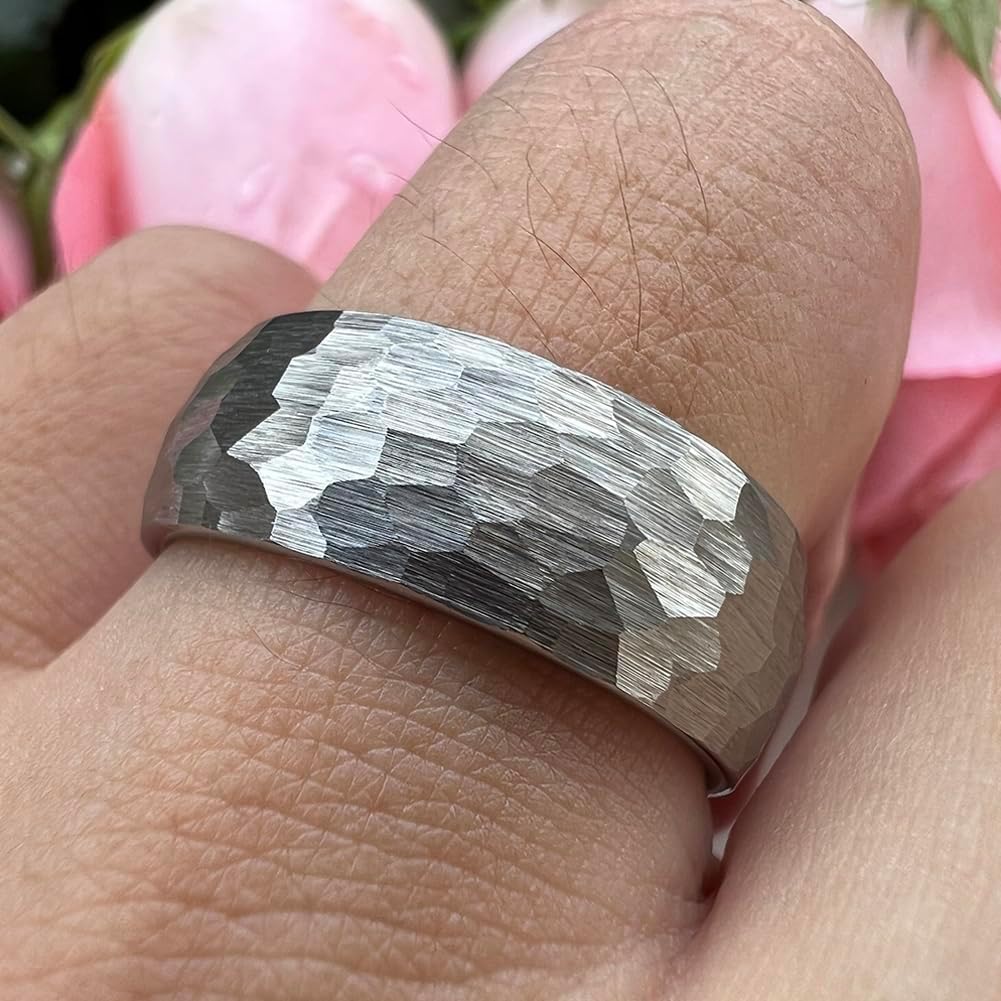 TUTISS 6mm 8mm Silver/Black/Gold/Rose Gold Hammered Tungsten Rings for Men Women Couple Fashion Jewelry Engagement Wedding Bands Domed Matte Finish Comfort Fit