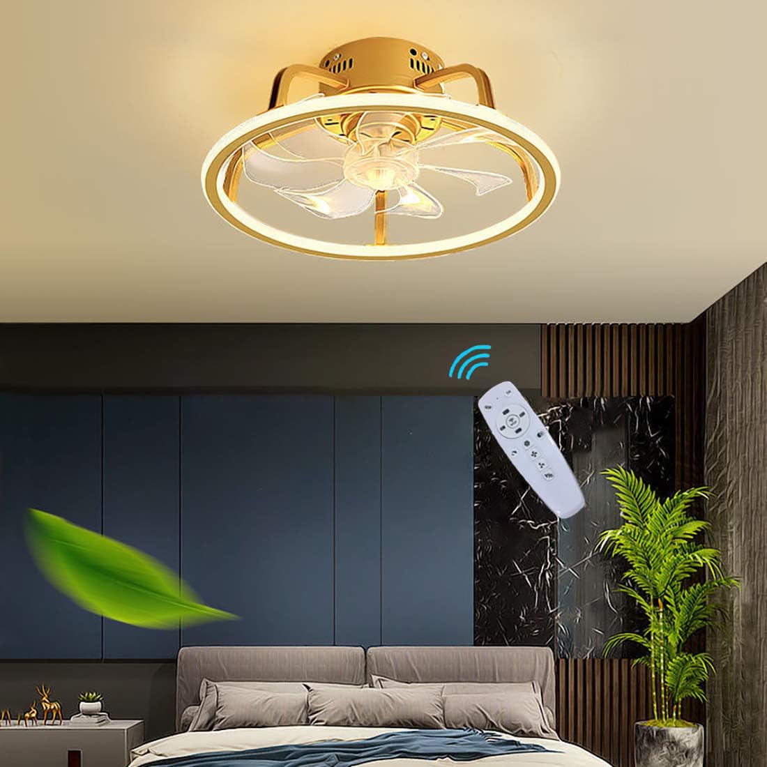 YUEGOO Led Bedroom Fan with Ceiling Light,and Remote Control Silent 3 Speeds Dimmable Fan Ceiling Light 45Cm Modern Living Room Ceiling Fan Light
