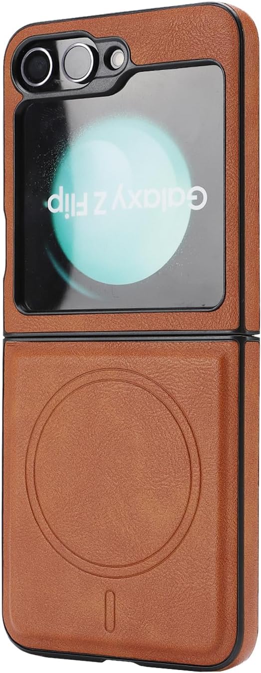 Magnetic case for Samsung Galaxy Z flip5,Support Wireless Charging, Premium PU Leather & Shockproof, Protective Cover for Samsung Galaxy flip5 (Brown)