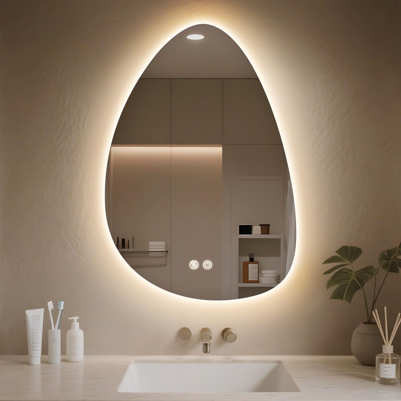 Specchio Bagno con Luce, LED Specchio Ovale da Parete, Smart Mirror, Antifog, Dimmerabile 3 Colori, Vetro Temperato HD, Orizzontale/Verticale (Irregolare, 80 x 55 cm)
