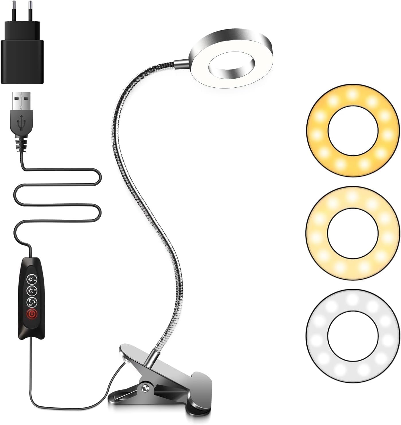 Lampe De Bureau USB à Pince 48 LED - 3 Couleurs, 10 Intensités, Flexible - Idéale Lecture Et Travail