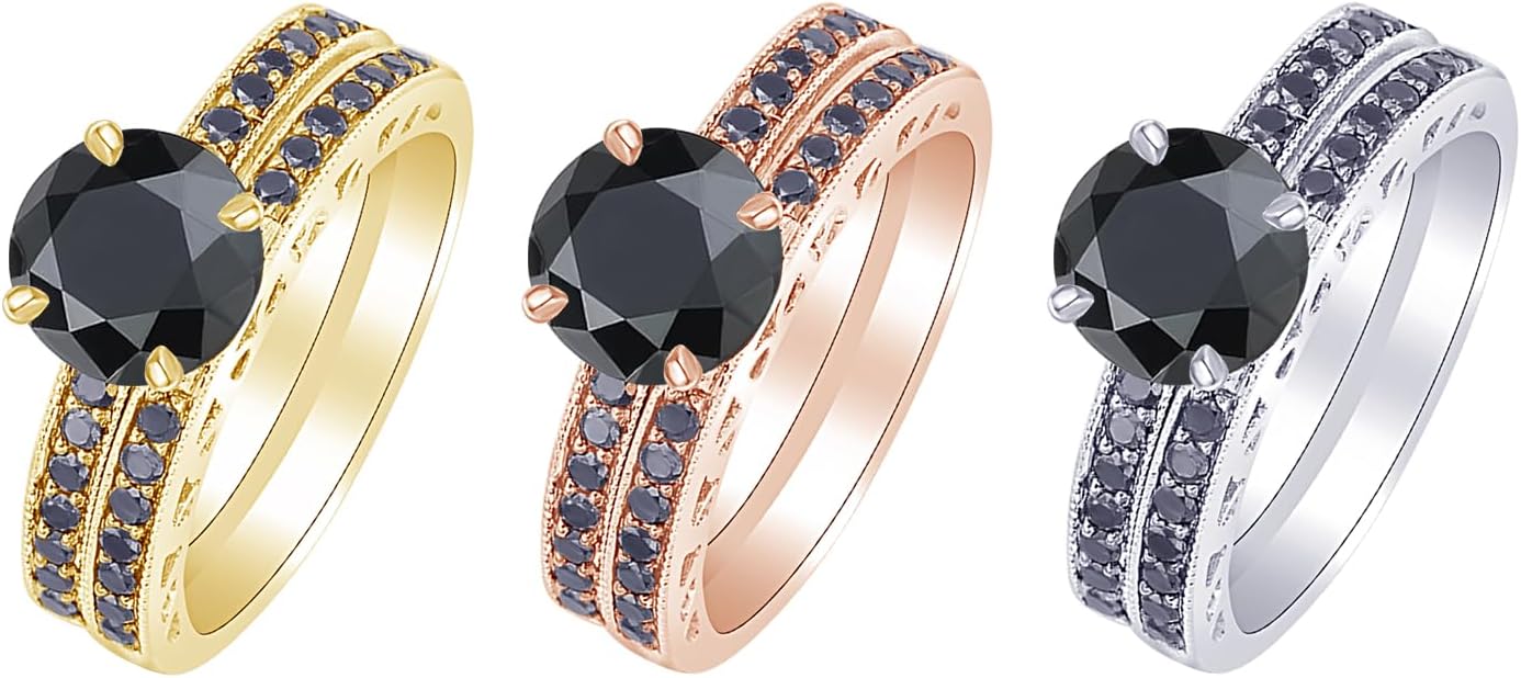 1.02 to 1.5 Carat t.w 14K White Gold Pave Set Black Diamond Engagement Ring and Wedding Band Set w/a 0.75 Carat Round Cut Black Diamond Heirloom Quality