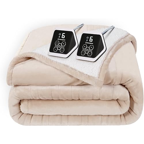 Westinghouse Electric Heated Blanket - Queen Size, Soft Flannel to Sherpa, 10 Heating Levels, 12 Hour Auto Off, Machine Washable, 84x90 Inch, Beige