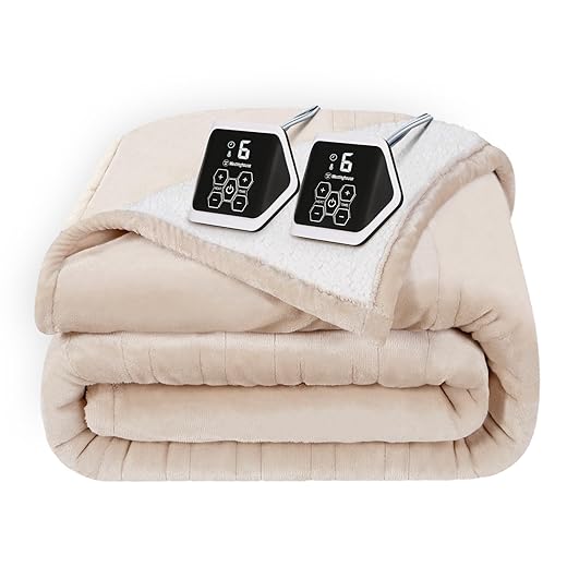 Westinghouse Electric Blanket Heated Throw | 10 Heating Levels & 12 Hours Auto Off | Flannel to Sherpa Reversible 84x90 Queen| Machine Washable,Beige